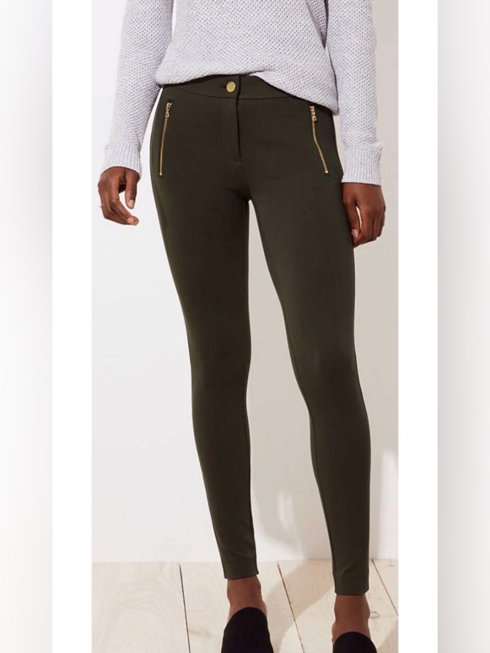 Olive Ponte Skinny Pants with Gold Zipper Detail